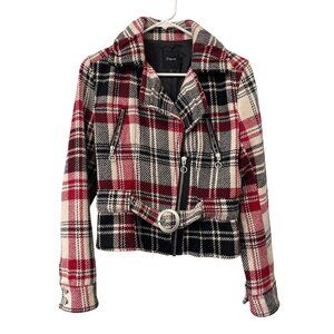 Express Moto Jacket Size Small Plaid Zip Front Belted Red Black Wool Christmas